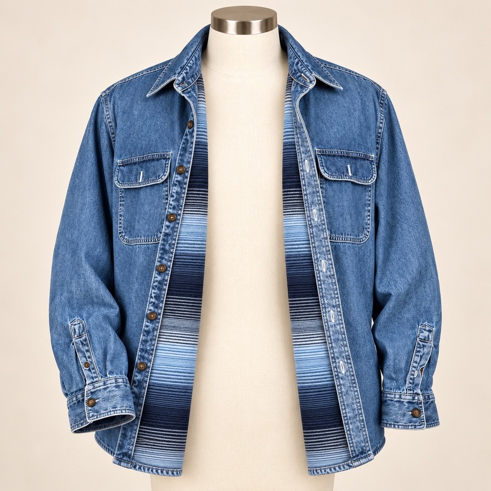 Covington Mens XL Blue Denim Shirt Jacket Fleece Lined Striped Flannel Workwear